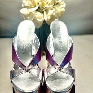 Stuart Weitzman Metallic Silver and Purple Platform Shoes